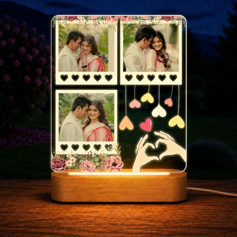 Personalized Wedding & Valentine's Day Gift for Couples, Husband, Wife Decorative Bedside Night Light with Heart Hands Design and Wood Stand
